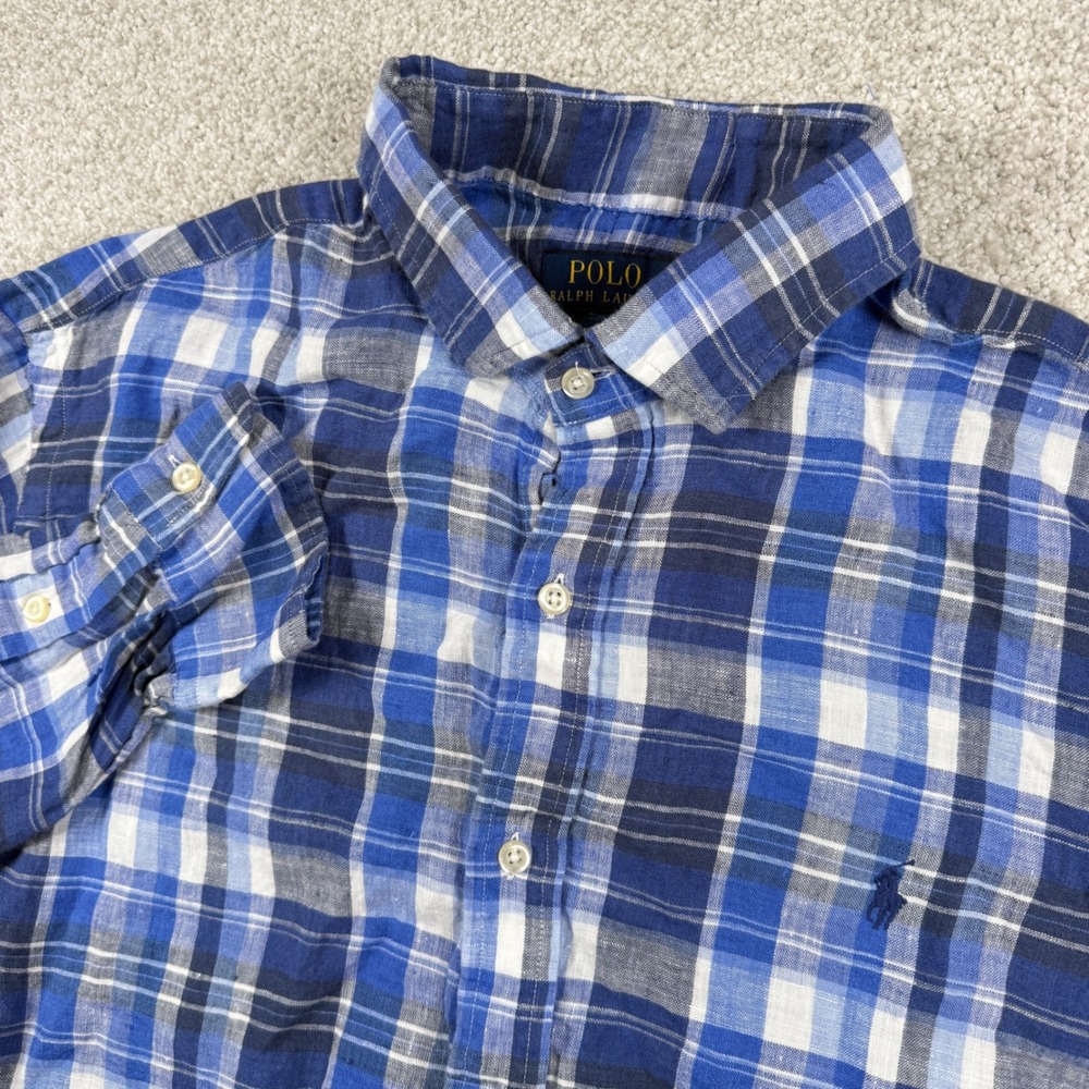 Polo Ralph Lauren Button Down Men‎ Large Blue Plaid 100% Linen Classic Fit Shirt